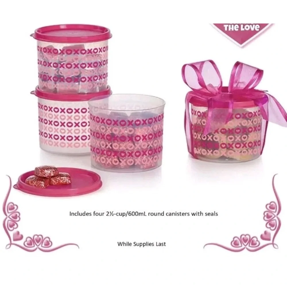 Tupperware Pink XO Patterned (Set includes 4 Containers 2 1/2 cups each one)New